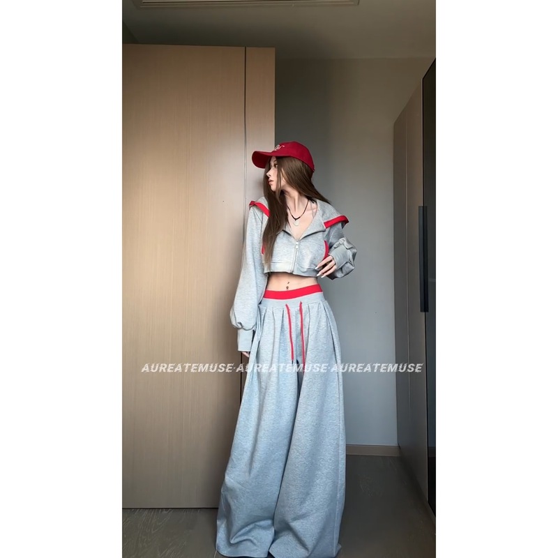 美式ins辣妹短款运动连帽卫衣套装女秋季韩版慵懒感可外穿家居服|undefined