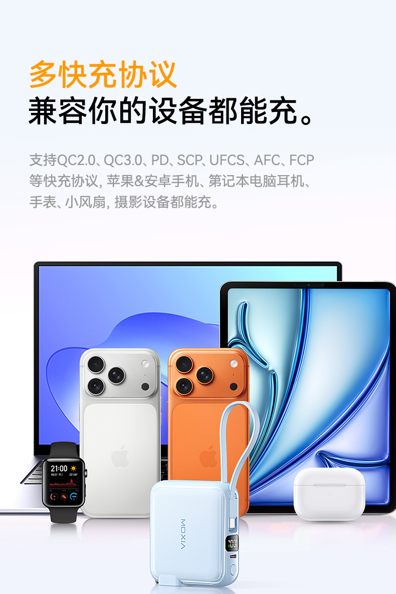 Mini 3-in-1 Built-in Cable Super Fast Charging Power Bank 20000mAh Lightweight Portable Mobile Power Supply