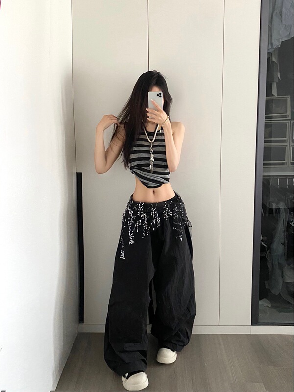 American-Style Spicy Girl Tassel Sequin Loose Sweatpants Women's Wide-Leg Casual Pants with Belt Jazz Dance Parachute Pants Summer