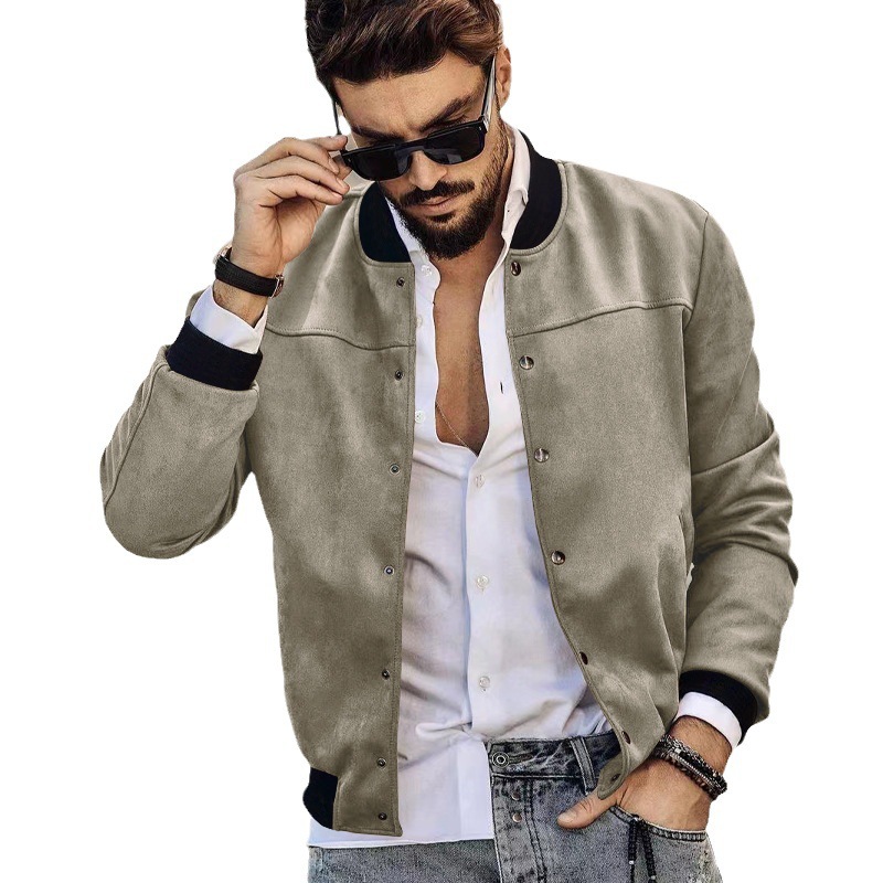 2024 temu Spring New Men's Suede Standing Collar Button Cardigan Jacket Casual Coat_mkmklike.com