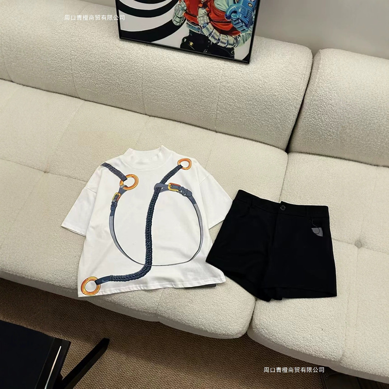 High-End Version~Shenzhen Nanyou New Summer H Brand Belt Print Short-Sleeve Loose Casual T-Shirt White Two-Piece Set