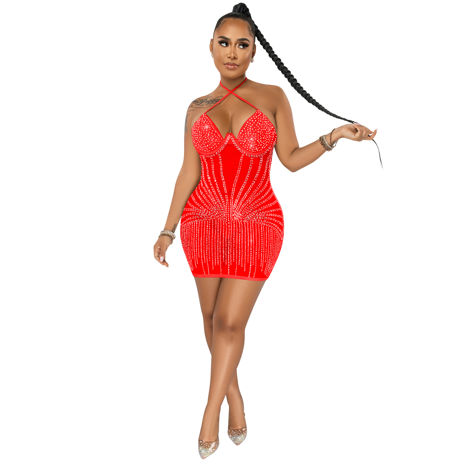 X5653 AliExpress Amazon deseo moda sexy Sling envuelto pecho rhinestone malla ver-a través de vestido MIDI vestido