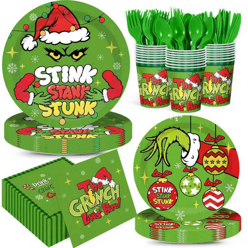 Grinch the Green Furry Monster Christmas-themed holiday disposable PE tablecloth, dinner plates, paper plates for parties Grinch the Green Furry Monster Christmas-themed holiday disposable PE tablecloth, dinner plates, paper plates for parties