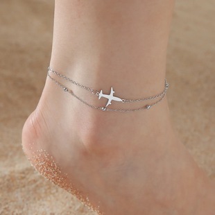 Aircraft Pendant Anklet Women's Stainless Steel Aircraft Double Layer Double Bead Chain Anklet Bohemian Summer Beach Jewelry