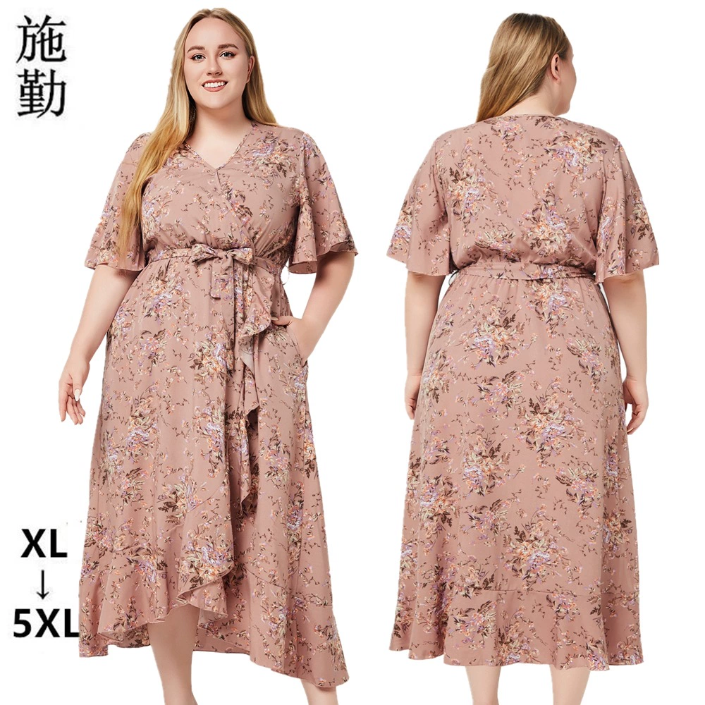 Европейское и американское трансграничное экспортное женское летнее платье больших размеров с v-образным вырезом и короткими рукавами, с рюшами и принтом, карманные брюки, платье
