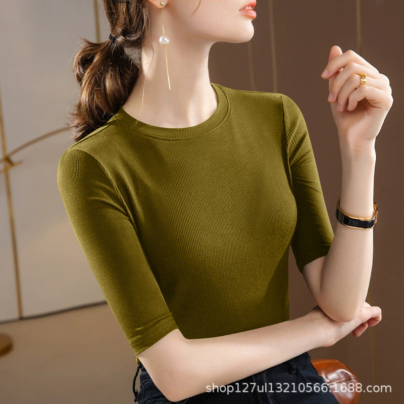 High-Quality Ribbed Short-Sleeve T-Shirt for Women, New Summer Style, Round Neck, Slim Fit, Trendy, Plus Size, Versatile, Niche Base Shirt Top