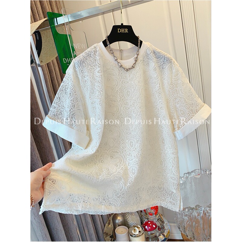 [Fat Girl] Super Nice Flower Lace Shirt Short-Sleeved T-Shirt for Women Summer New Loose and Versatile Round Neck Top