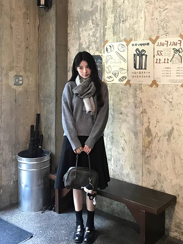 法式复古加厚斜纹西装百褶中裙女春秋冬季高腰显瘦黑色a字半身裙|undefined
