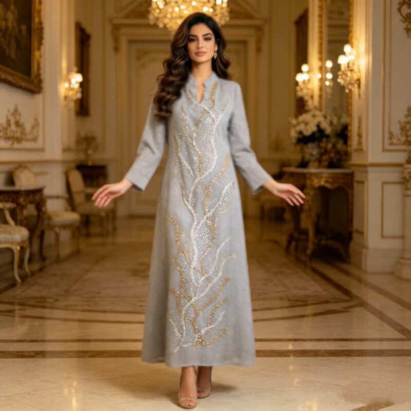 New cross-border V-neck embroidered long gown dress for women, elegant and stylish, long-sleeved, beaded, distinctive evening dress