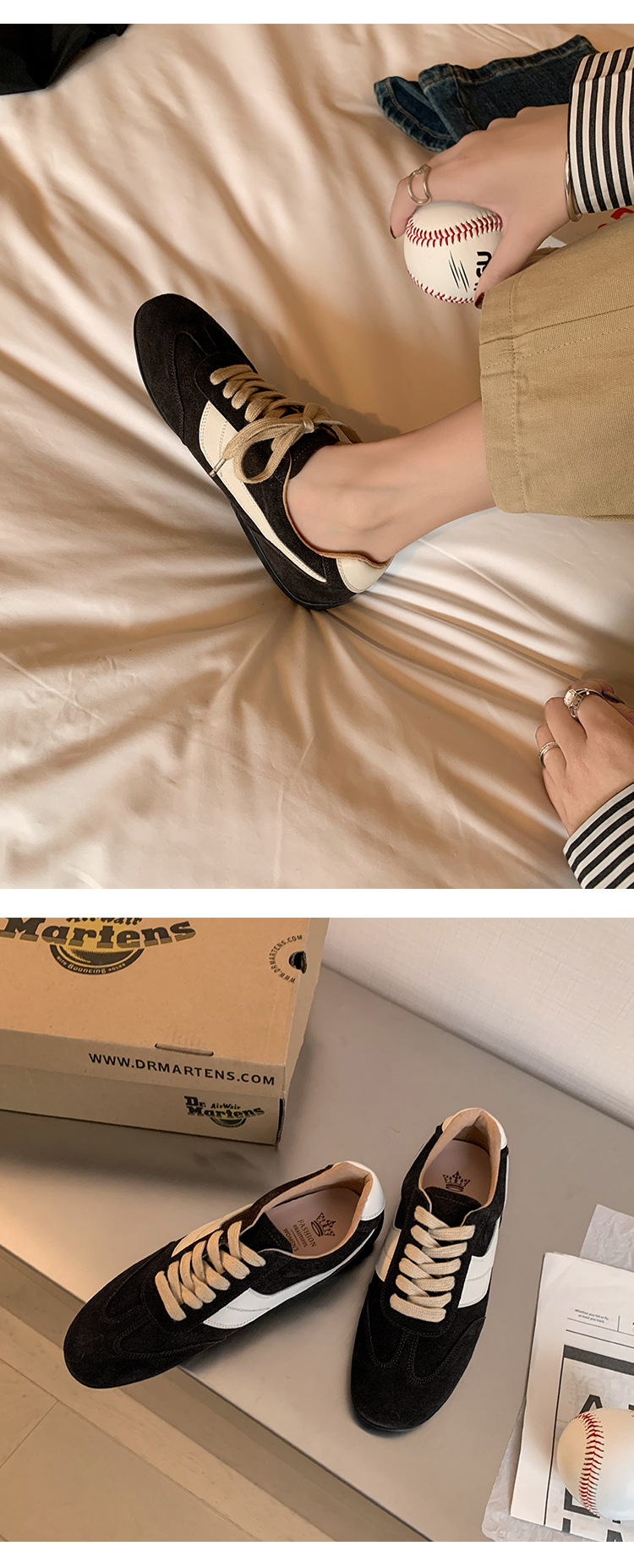Giày sneaker nữ đế bệt mũi tròn dây buộc da thật phối màu phong cách Đức — Màu nâu chi tiết 19
