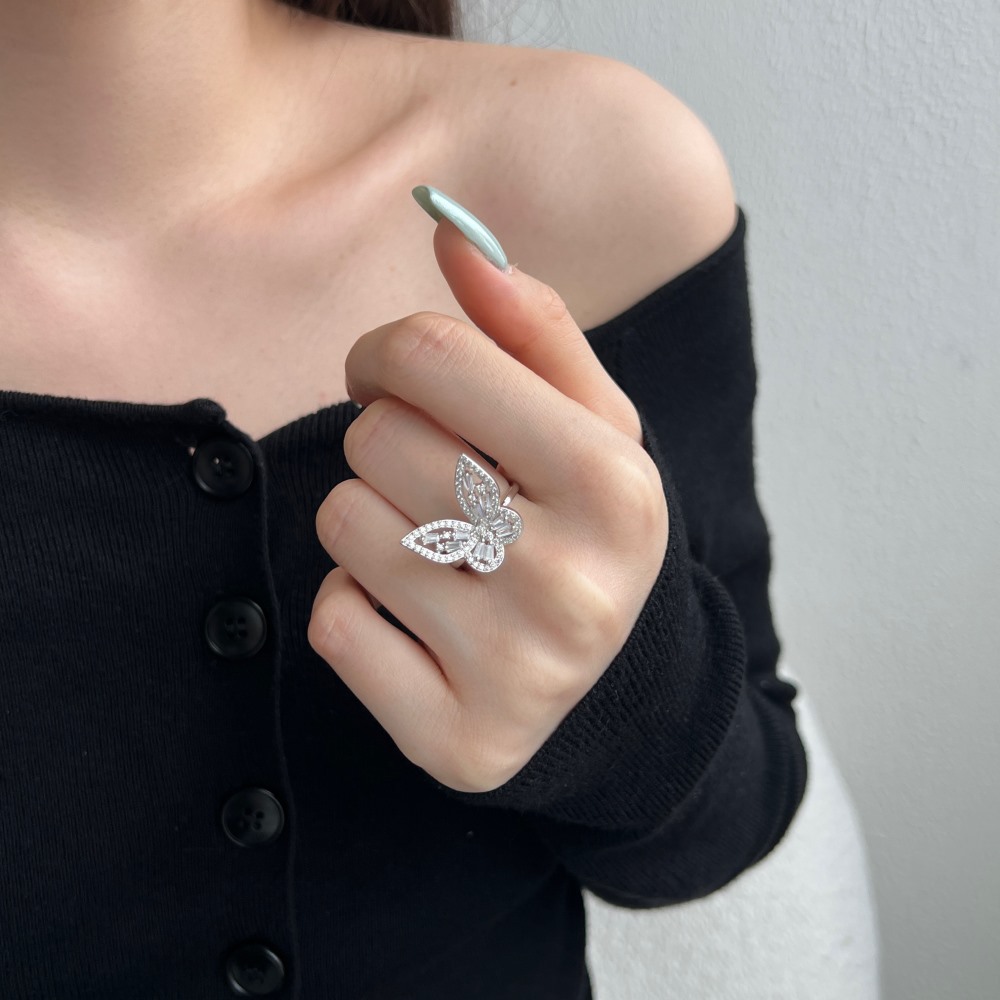 5g Weight Zircon Inlay Material Open Rings, Rings Classification 6, 9, Adjustable Ring Size 1 Piece Quantity Daily, Tea Party Occasion 925 Sterling Silver Material Butterfly Pattern Women's Gender Inlay Design Sweet, Shiny Style 925 Sterling Silver Zircon Butterfly Open Rings Rings 26