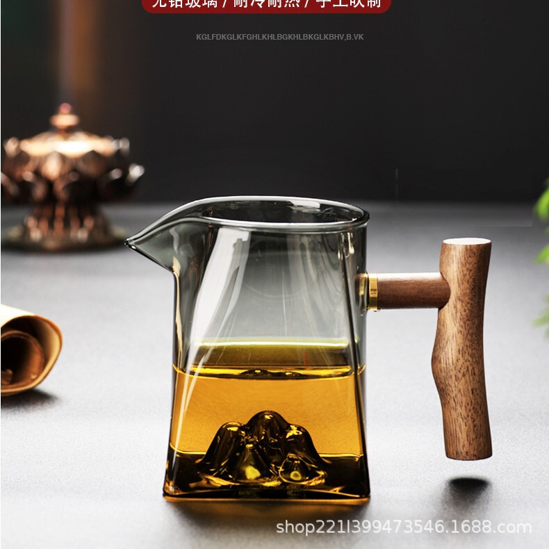 ガラス製の公道杯、木製の取っ手、厚みのある茶分離器、茶葉フィルター一体型、茶海、小青柑公杯、茶器、単品|undefined