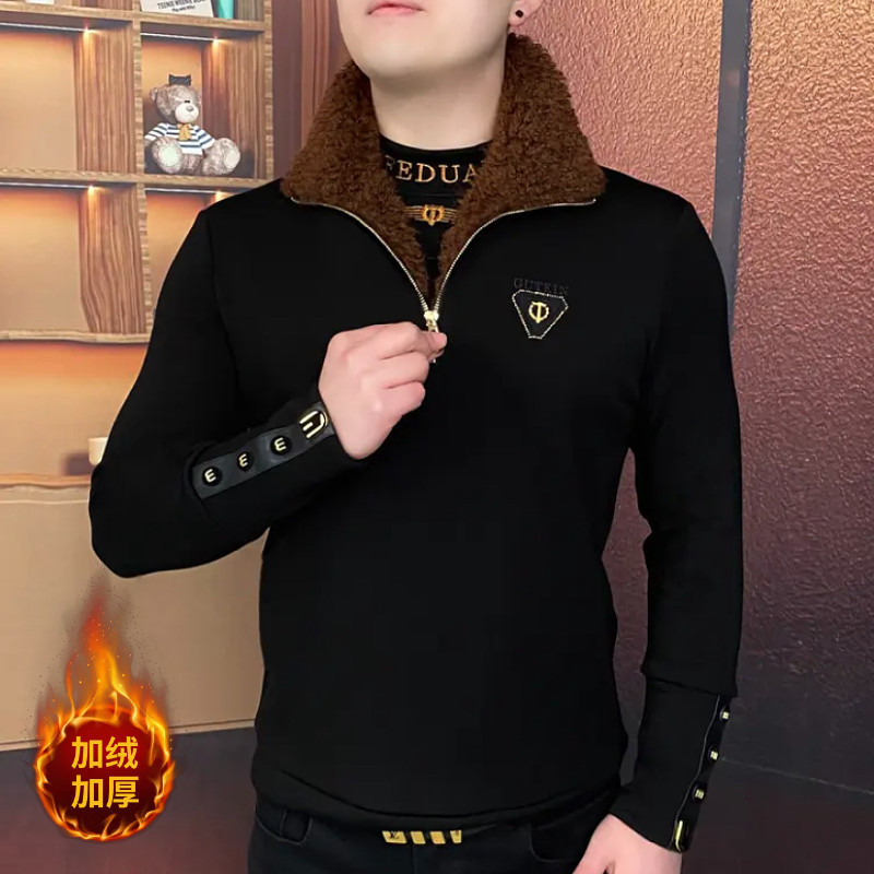 Winter Adidas--Autumn and Winter Light Luxury European Version Velvet Thickened Sweater Men's Trendy Design Stand Collar Warm Cross-Border