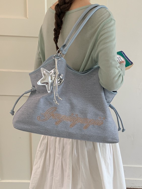 2026 nueva moda denim transfronteriza, bolsa de gran capacidad, bolsa de hombro de viaje casual coreana, mujer