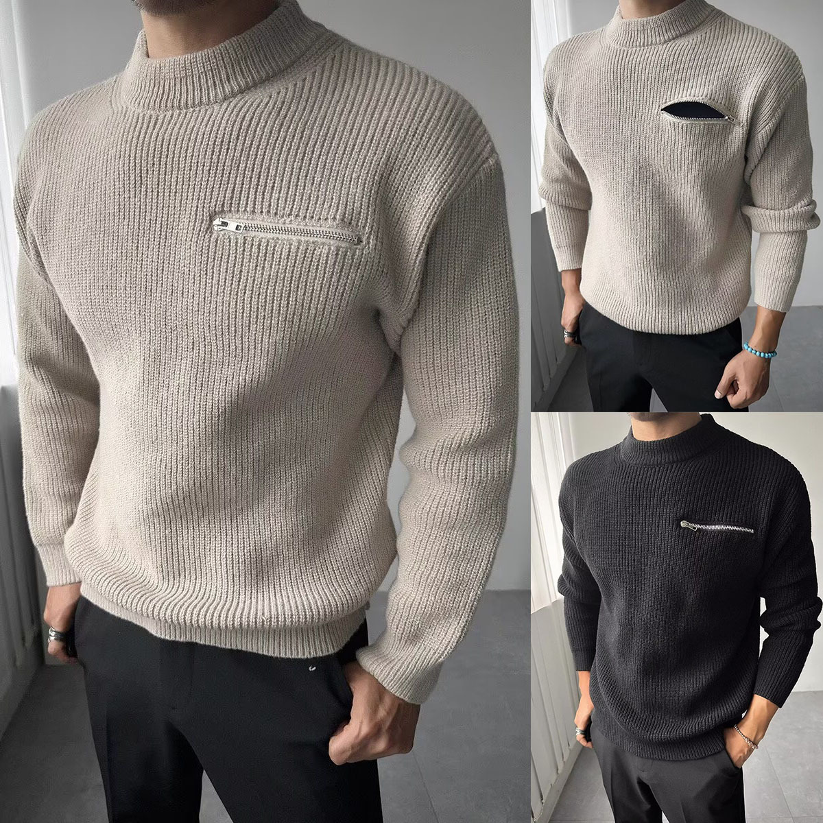Diseño de cremallera de cuello redondo camiseta de punto suéter hombre viejo estilo de negocios estilo de invierno otoño suéter fábrica transfronteriza mayorista image 1