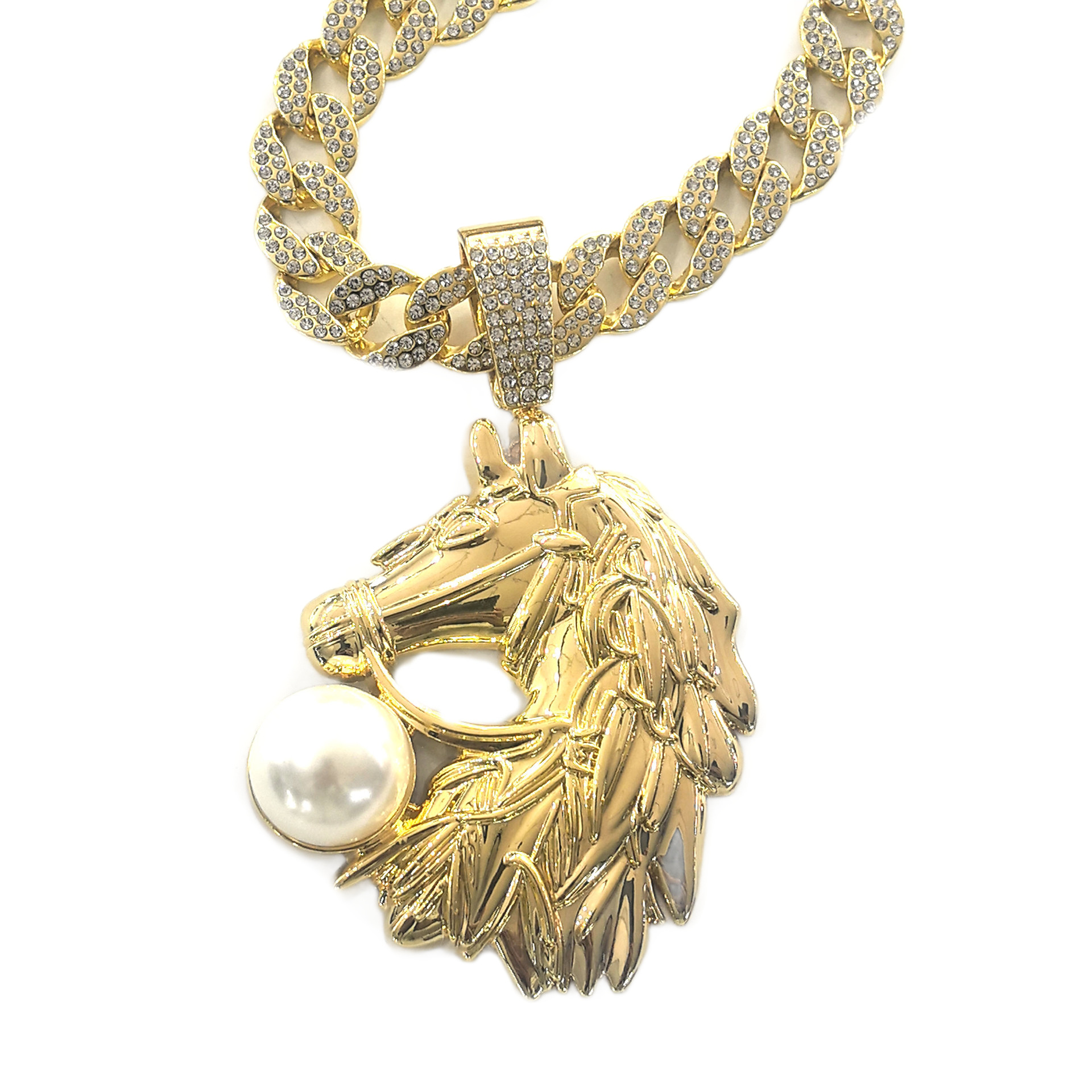 . Cross-border exclusivo para el hip-hop año del caballo colgante de cabeza de caballo collar de diamante completo de la cadena cubana accesorios de perlas joyas de moda masculinas europeas y americanas