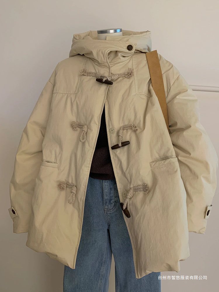 美拉德风卡其色连帽子大衣女春季加厚欧货感棉袄棉服盘扣外套