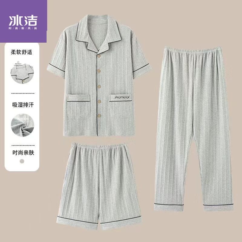 100% pijamas de algodón de los hombres de verano cardigan pantalones cortos de manga corta pantalones de tres piezas delgada más tamaño homewear traje