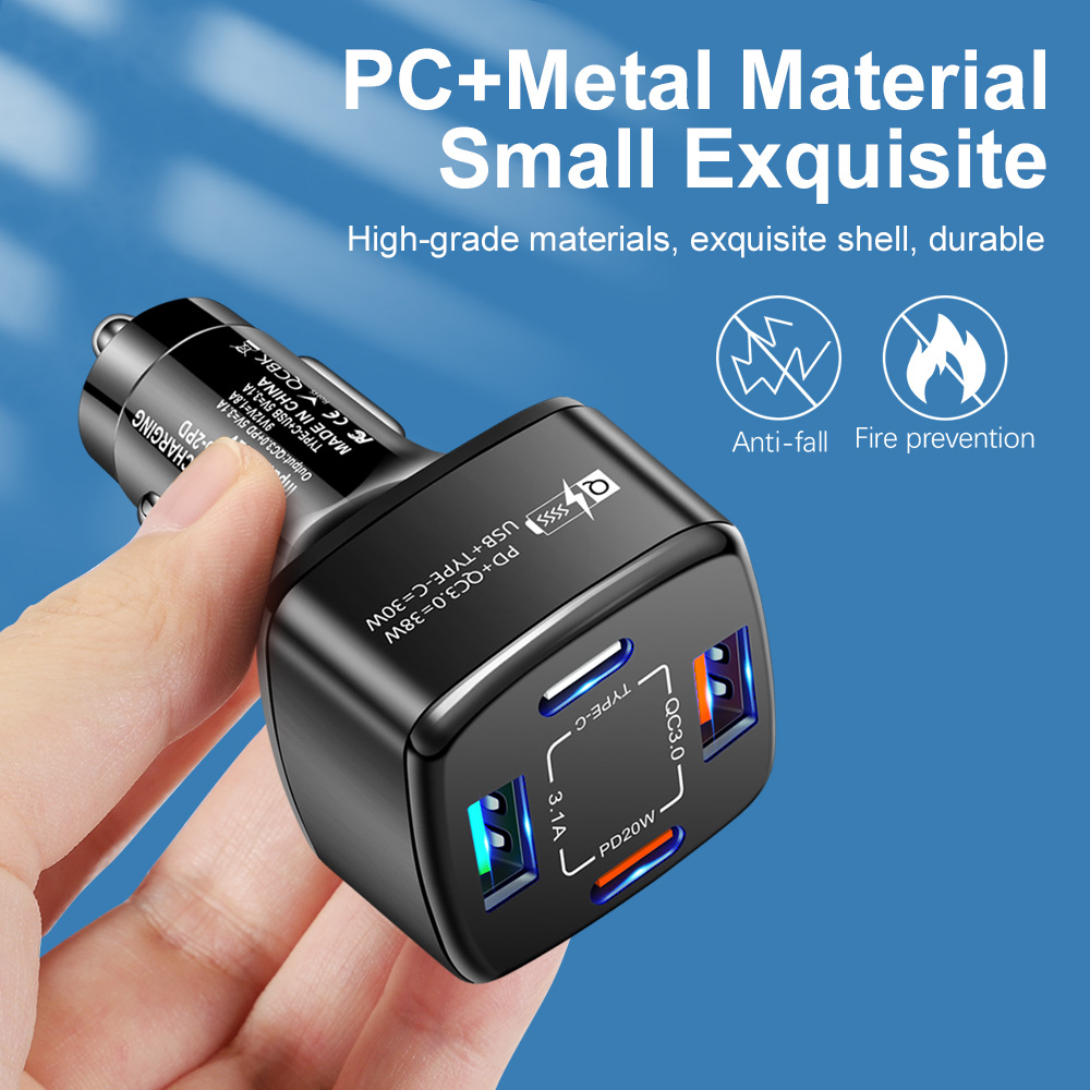 一拖四38wPD+QC3.0 3.1A 2USB+Type-c快充車充車載充電器跨境代發