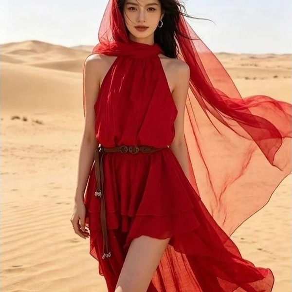 New Summer Women's Sleeveless Ruffle Dress for Travel and Vacation, Short in Front and Long in Back, with Belt, Perfect for Desert Photoshoots New Summer Women's Sleeveless Ruffle Dress for Travel and Vacation, Short in Front and Long in Back, with Belt, Perfect for Desert Photoshoots