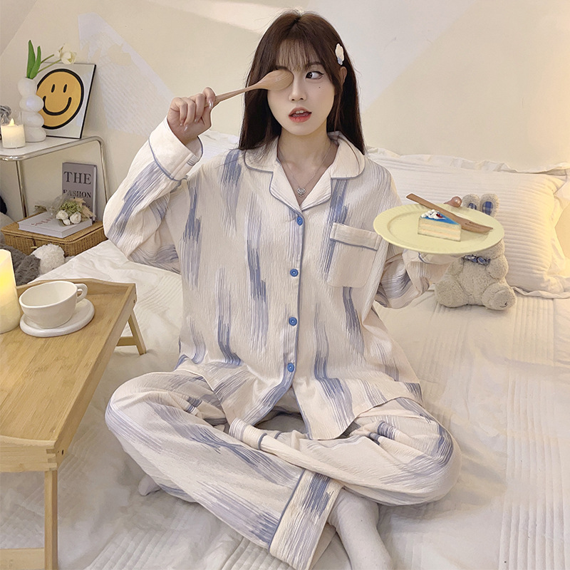 Estilo japonés fresco pijamas de las mujeres algodón solapa cardigan manga larga otoño y el invierno dulce simple linda chica desgaste del hogar traje