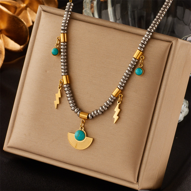Fashion Geometric Devil's Eye Titanium Steel Ellipse Plating Inlaid Turquoise Turquoise Layered Necklaces display picture 5