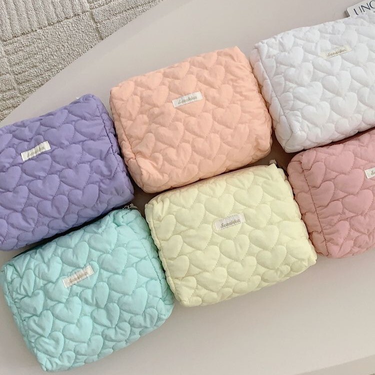 37293 New Cosmetic Bag, Large Capacity Quilted Cotton Heart Storage Bag, Cute Portable Toiletry Bag, Shopping Clutch Bag