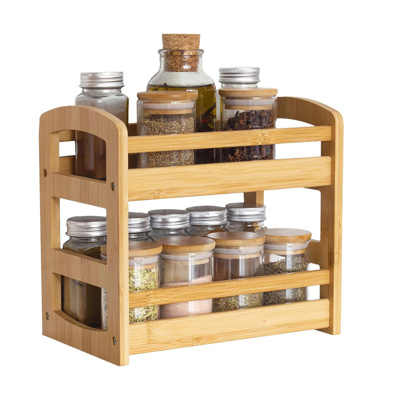 Bamboo and wood spice rack Double layer seasoning rack Wooden kitchen countertop decoration rack Cabinet storage rack Cup rack Snack rack