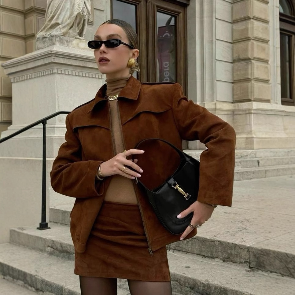 Cross-Border Women's Clothing New Retro Suede Jacket Motorcycle Lapel Short Jacket European and American Autumn and Winter Tops for Women Wholesale