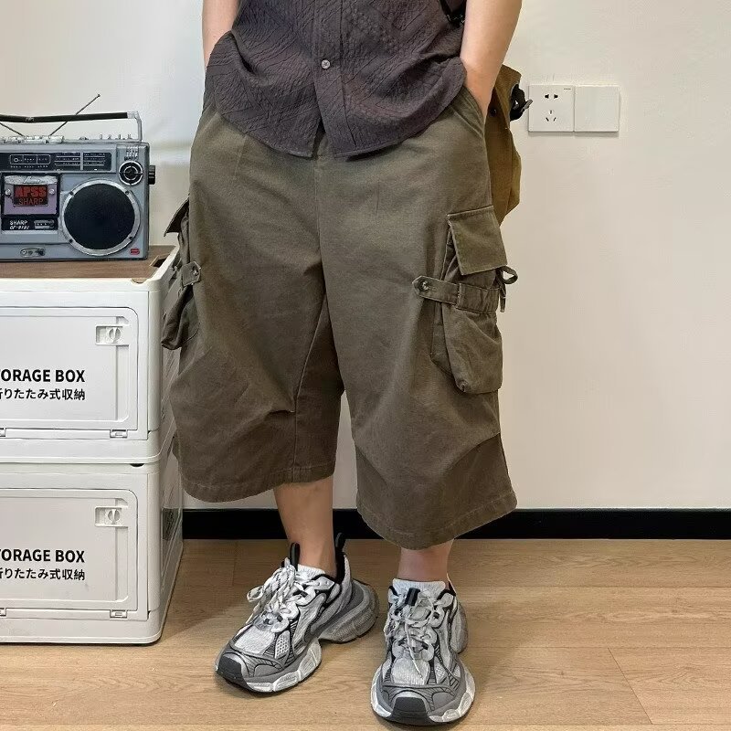 日系复古七分工装短裤男女夏季多口袋宽松阔腿百搭水洗百搭休闲裤