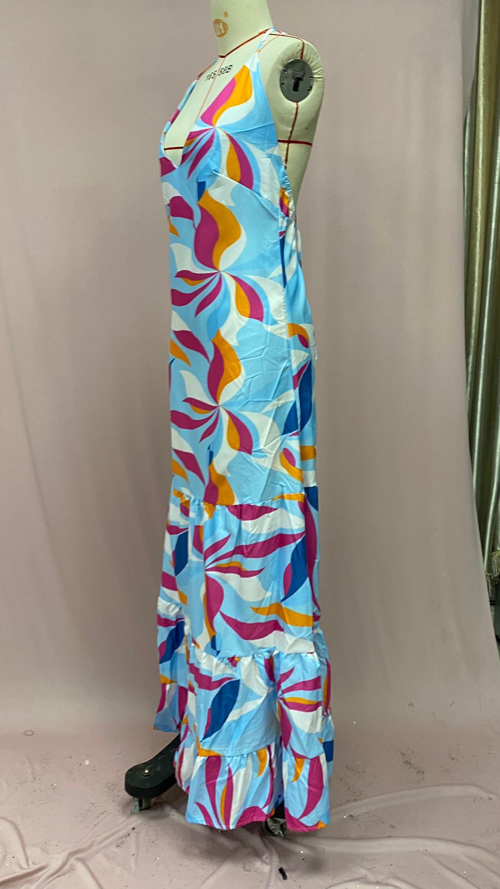 Summer Slimming Printed Dress Cinched Mid Length Dress Office Backless Slip Dress