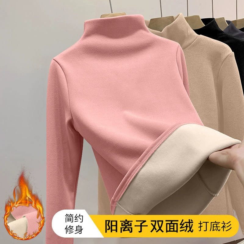 Бархатная осенне-зимняя новая катионная Облегающая рубашка с коротким воротом, Женская внутренняя часть с длинными рукавами и флисовой подкладкой, китайский теплый топ, женская одежда