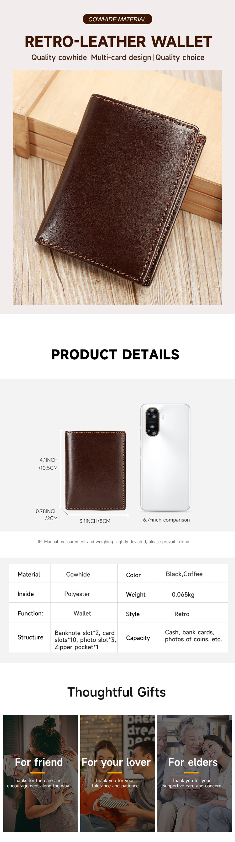 Ví nam da bò thật gập mini nhiều ngăn thẻ chống RFID — Đen, Cà phê, 8cm*2cm10.5cm chi tiết 2