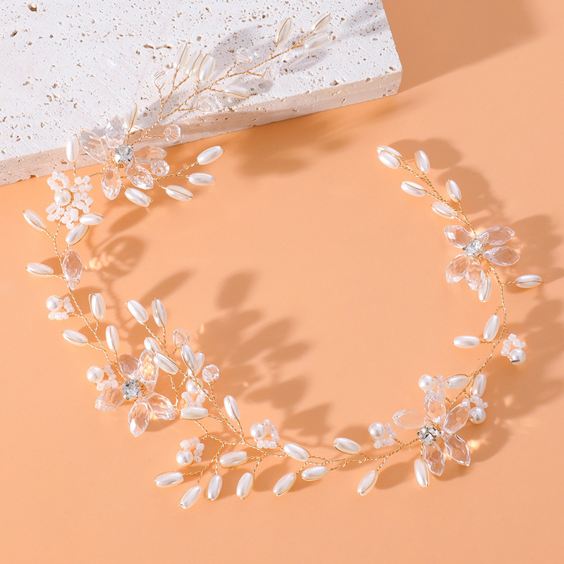 European and American Cross-border Hair Band Handmade Crystal Pearl Headband Flower Elegant Bridal Jewelry Wedding Dress Accessories