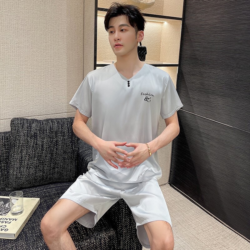 Men's pajamas summer ice silk short sleeve large size solid color suit summer high-end simulation silk home clothes wholesale