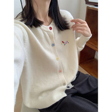 甜美气质简约风圆领腊肠狗开衫2024秋新款刺绣百搭显瘦针织衫上衣