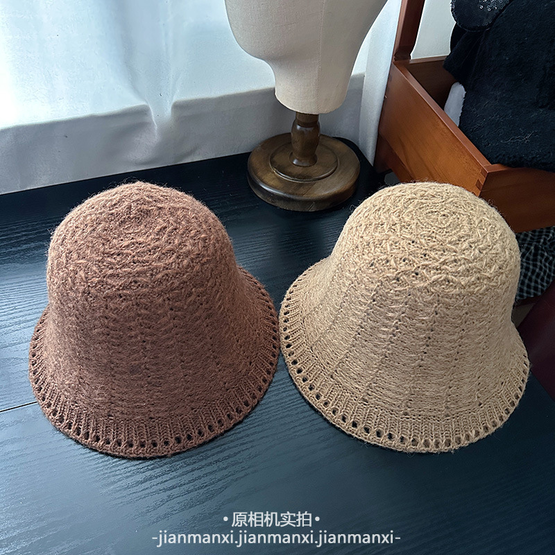 镂空钩花针织帽子女秋冬新款百搭简约水桶帽子休闲优雅遮阳盆帽潮|undefined