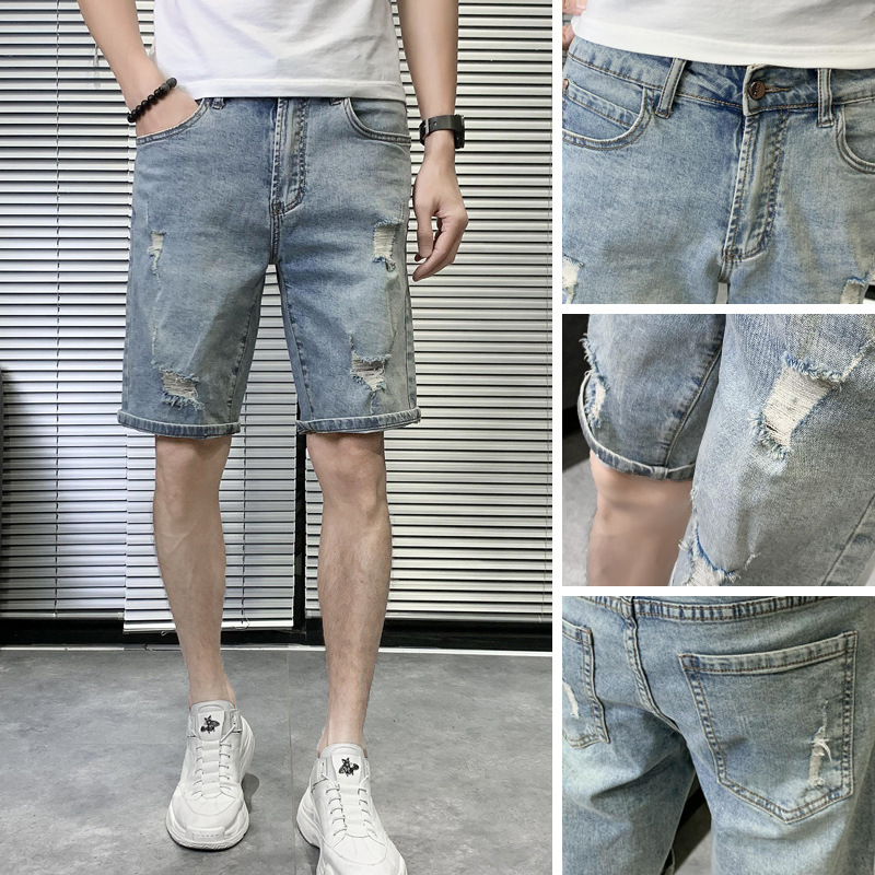 Jean déchiré tendance personnalité short d'été décontracté mince homme court bleu clair pantalon mi-long_voghion.com