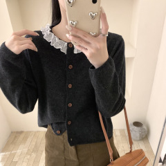 25秋冬季女装外套韩系圆领波点蕾丝边拼接甜美羊毛衫针织毛衣开衫
