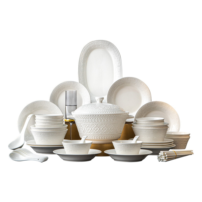 Nueva Jingdezhen estilo francés lujo ligero en relieve de alta sensación esmalte bajo tazones de colores palillos y platos set de cubiertos image 6