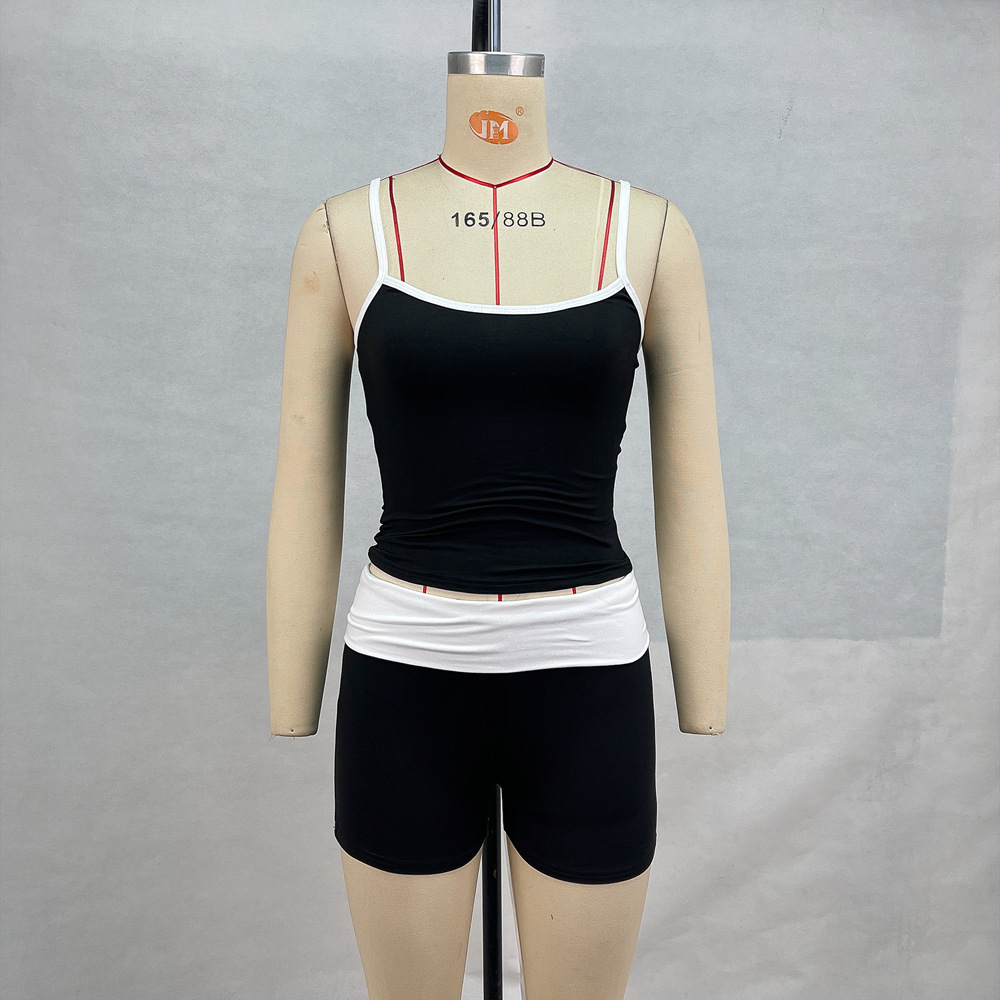 GraceChic GraceChic 2024 Summer New European And American Women's Fashion Camisole Crop Top Color Block Low Waist Shorts Set Casual Fitness_voghion.com