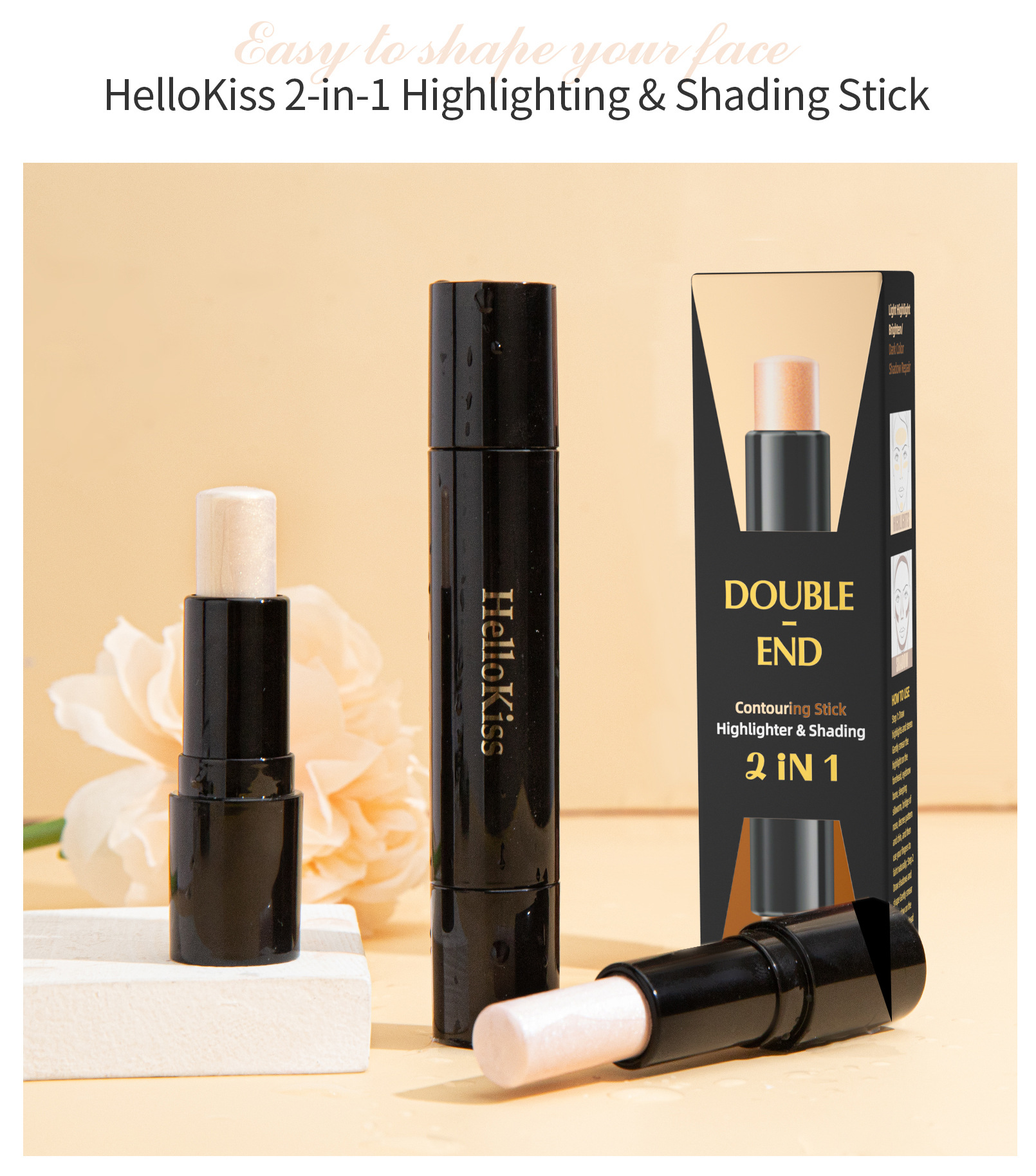 HelloKiss Double-headed Highlighter Contouring Stick, pearlescent three-dimensional, naturally brightening and modifying facial shadows, cross-border makeup undefined