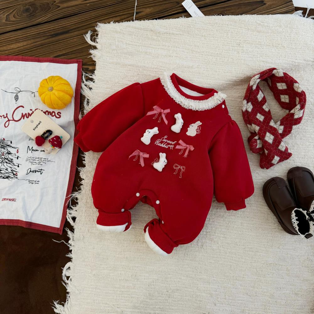 2025 ropa de algodón de estilo chino para bebés, encaje festivo de año nuevo, lindo conejito, ropa de Año Nuevo, mono acolchado grueso