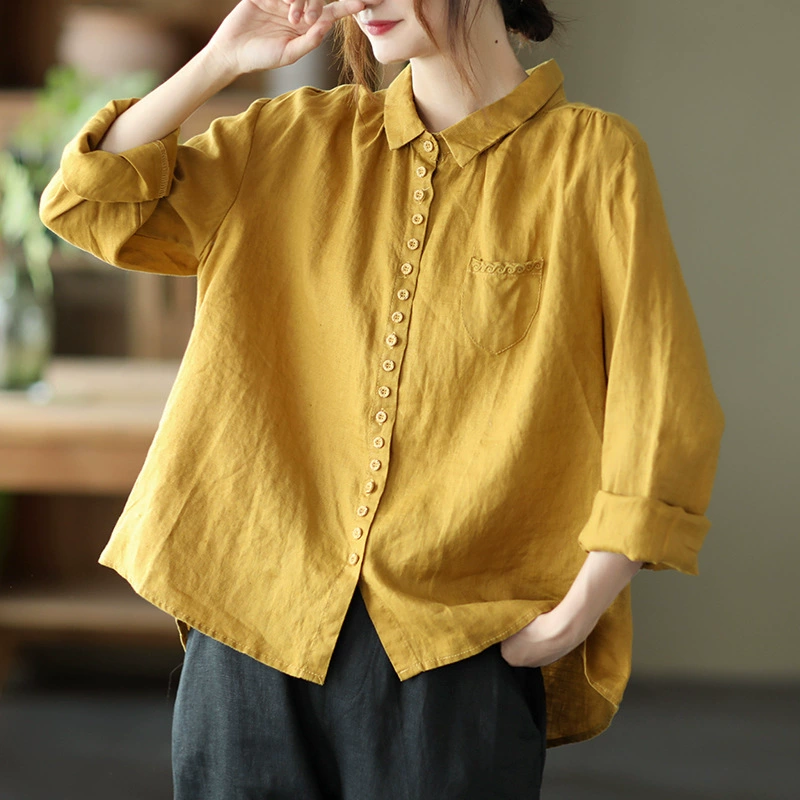 Осенняя новая льняная рубашка с длинными рукавами и вышивкой в стиле ретро, Женская художественная пригородная Свободная рубашка с лацканами