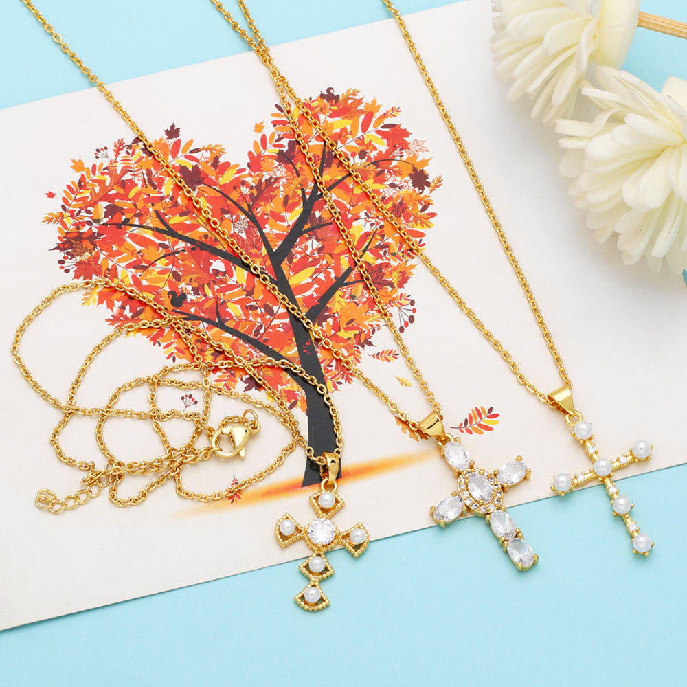 Fashion Cross Copper Inlay Zircon Pendant Necklace 1 Piece