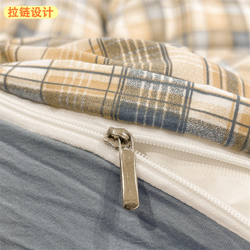 Juego de cuatro piezas de algodón lavado de alta calidad, funda nórdica con estampado a cuadros simple, juego de tres piezas estilo sábana para dormitorio individual de estudiantes, venta al por mayor