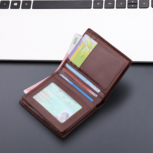 Vertical wallet for men, short, thickened, large-capacity wallet, oil wax leather, can hold driver's license, zippered wallet, thickened