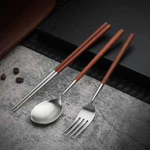 New 304 stainless steel vintage wooden tableware high-end sanding household student fork chopsticks dessert spoon chopsticks