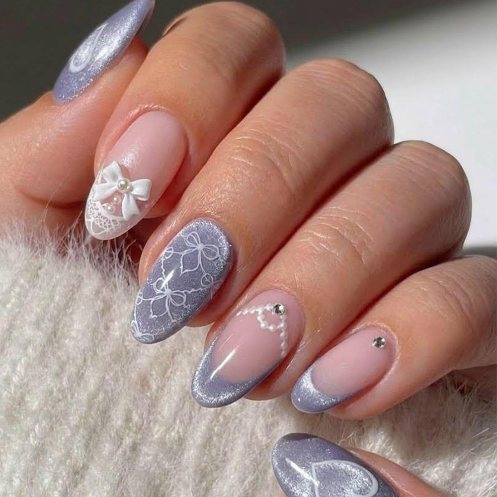 Púrpura polvo gradiente de encaje amor usar uñas, arco tridimensional, ojo de gato, 24 piezas de uñas falsas de comercio exterior, lote mixto image 1