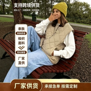 欧美跨境大码女装宽松夹棉无袖马甲 菱形衍缝圆领单排扣棉背心